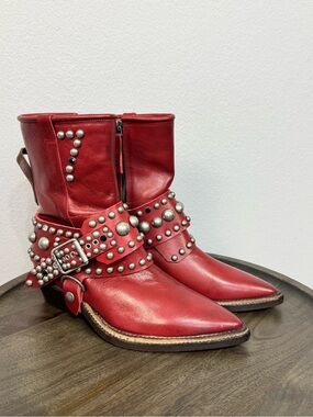 Free People We the Free Axel Red Studded Leather Western Ankle Boots